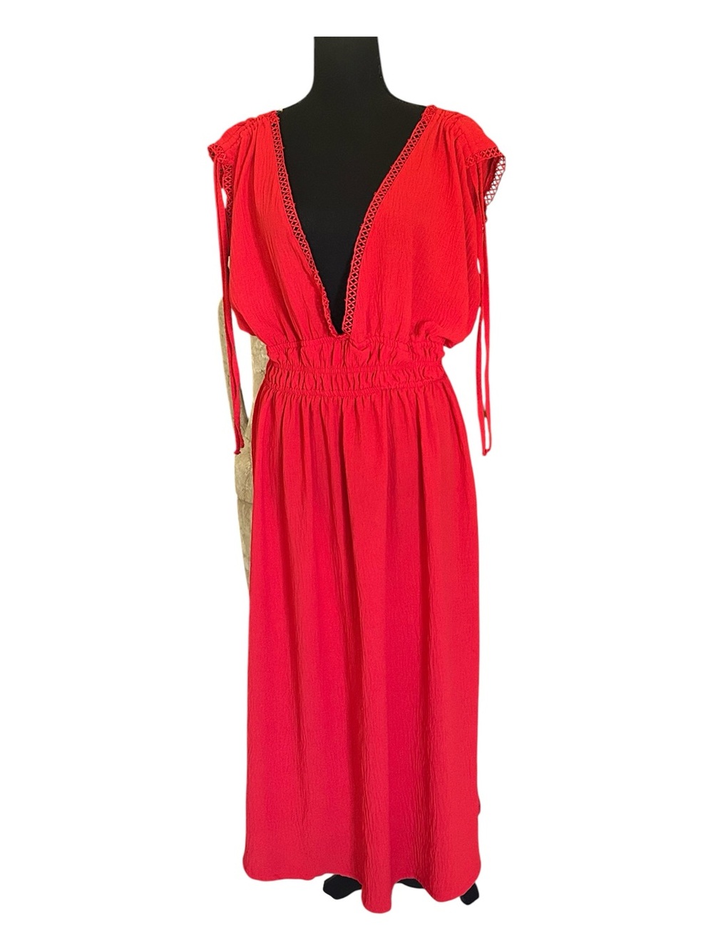 LOVE ❤️ Red Deep V-Neck Midi Dress with Smocked Waist Plus Size 2X